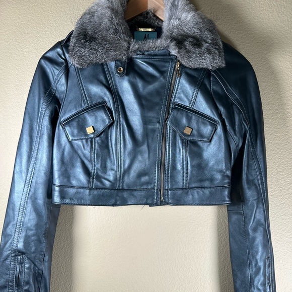 Marciano Leather Jacket with Rabbit Fur Collar - S/P - Picture 12 of 13